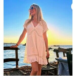 Free People Marissa White Lace Mini Dress Sz Small Boho Cottage Flowy with Slip